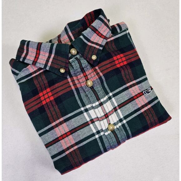 Vineyard Vines Mens Whale Plaid Flannel Shirt M Christmas Holiday Green Red Logo - Picture 1 of 16